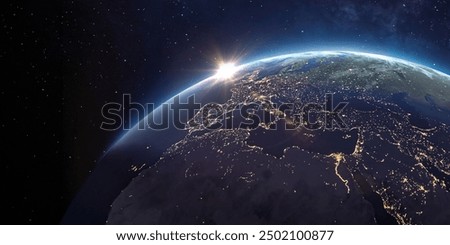 Image, Stock Photo cinematic View earth planet europe night Earth in space 3D rendering elements of this image furnished by NASA. Civilization. view from dark space 3d illustration.realistic earth surface and world map