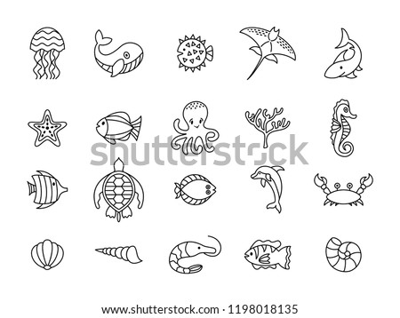 Set of sea or ocean animals icons.Vector illustration, doodle set of elements of marine life. Underwater fauna. Aquatic creatures. Octopus, turtle, seahorse, dolphoin, whale. 