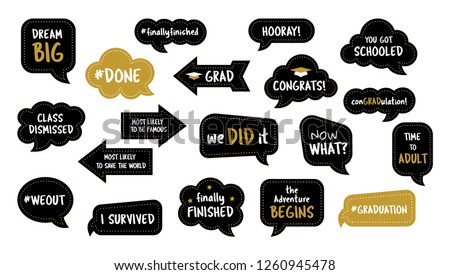 Graduation party photo booth props. Photobooth vector set. Congrats grad phrase. Gold and black bubbles with funny quotes. Concept for selfie.  Foto d'archivio © 
