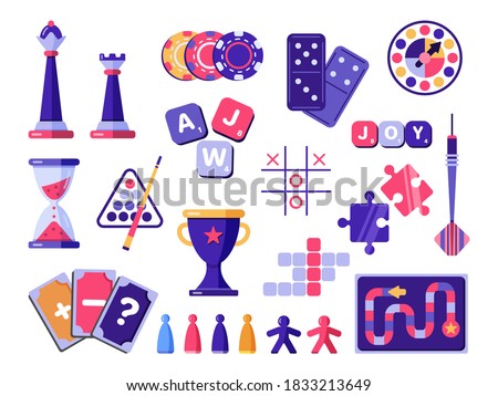 Board games and entertainment vector set. Flat illustrations of the puzzle, pawn figures, chess piece, domino, darts. Play boardgames step by step.
