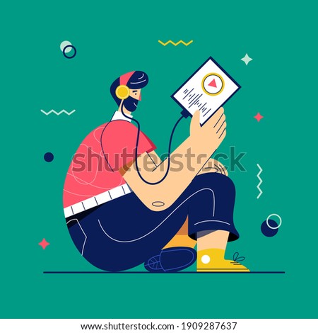 Podcast vector illustration. A man in headphones listening to music or radio via tablet or smartphone. Radio broadcast. Music lover enjoy playlist of favorite songs. Online learning, self study concep