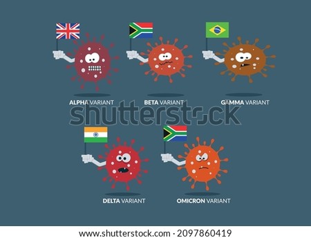 funny vector illustration depicting the different variants of the coronavirus: alpha, beta, gamma, delta and omicron with the flags of the countries