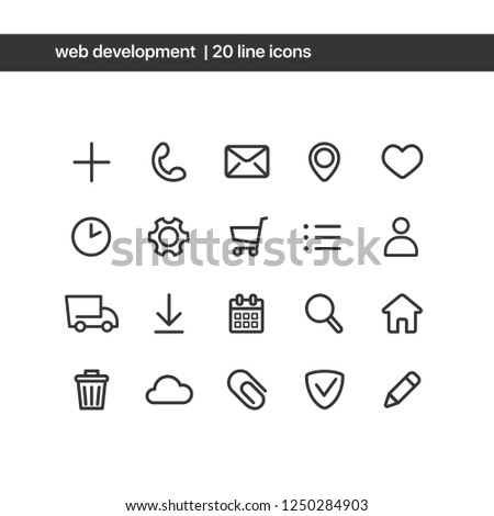 Vector minimalistic icons set. Web development elements for web design. Add, contact, mail, geo, like, clock, settings, shopping card, profile, delivery, calendar, search, home, trashcan, cloud icons