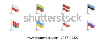 3D flag of Poland, Lithuania, Latvia, Estonia, Belarus, Ukraine, White-red-white, Russia. Realistic vector icon set Eastern Europe