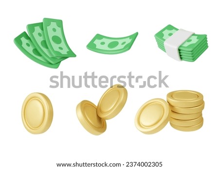 3D money icons in cartoon style. Set of vector color illustrations of bills and coins