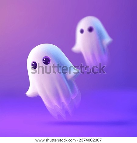 Cute two flying ghosts on a purple background for Halloween. Vector 3D illustration