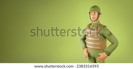 3D Soldier Vector Banner. Cartoon Male Character of Military Man in body armor on green background