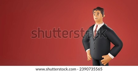 3D Businessman Vector Banner. Cartoon Male Character of a man in a formal costume on red background