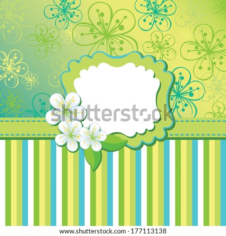 Cherry Flowers or Apple Flowers. Spring or summer Design template. Abstract background  and label with flowers. Cold color. Vector illustration
