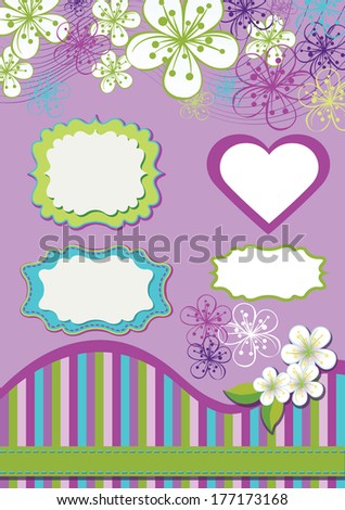 Cherry Flowers or Apple Flowers. Spring or summer Design template. Abstract background  and label with flowers. Cold color. Vector illustration