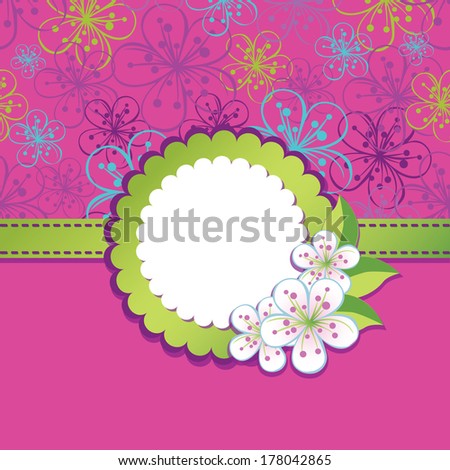 Spring or summer background. Cherry Flowers or Apple  Flowers,Spring Design template.Pink background.Round Label with flowers.Use as template, screensaver, cover, background. Vector illustration