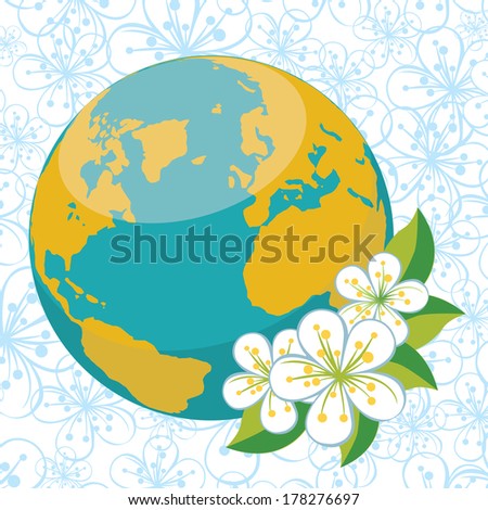 Planet earth with spring flowers.Spring background of flowers of cherry or Apple on flowers ornament background. Vector Illustration