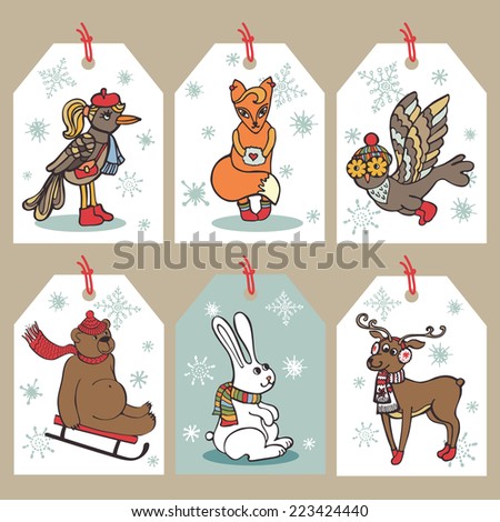 Funny Christmas  cartoon animals,birds tags  set.Vector illustrations .Funny winter forest  design .New year Vector