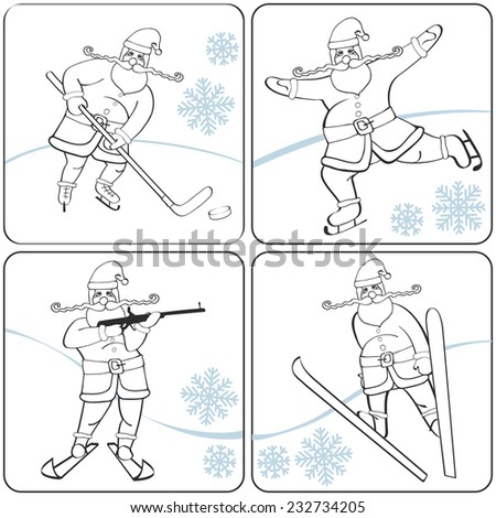 Christmas,New yearOutline Illustration,card set. Santa Claus playing winter sports,Figure skating,ski jump,hockey,biathlon.Flat design,simple image.Winter sport.Vector humorous Illustration.