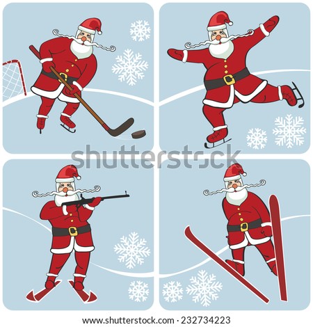 Christmas,New year Illustration,card set. Santa Claus playing winter sports,Figure skating,ski jump,hockey,biathlon.Trendy flat design,simple image.Winter sport.Vector humorous Illustration.