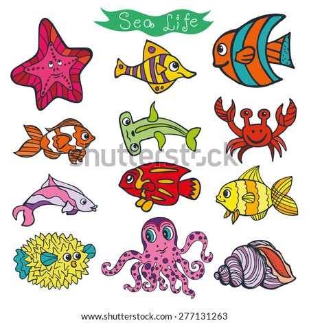 Sea life animals set: fish,  octopus, crab,starfish. Funny cartoon doodle underwater world. Baby hand drawing Vector,isolated . Summer travel, tropical composition,stickers.