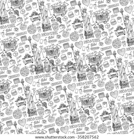 New York Doodle fast food pattern background.American symbols in hand drawn sketch.Vector icons,sign,lettering.Vintage Illustration,backdrop.Statue Of Liberty,taxi,food stand,street food