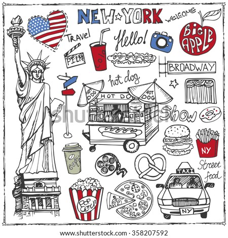 New York .Doodle fast food  set.American symbols in hand drawn sketch.Vector icons,sign,lettering.Vintage Illustration,background.Statue Of Liberty,taxi,food stand isolated object