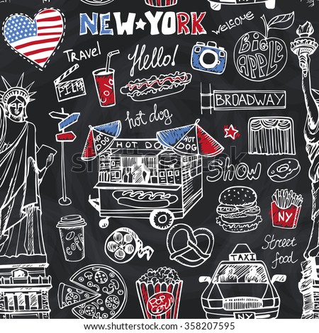 New York Doodle fast food seamless pattern.American symbols in hand drawn sketch.Vector icons,sign,lettering.Vintage Illustration,background.Statue Of Liberty,taxi,food stand,street food,Chalkboard