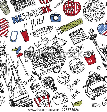 New York Doodle fast food seamless pattern.American symbols in hand drawn sketch.Vector icons,sign,lettering.Vintage Illustration,background.Statue Of Liberty,taxi,food stand,street food