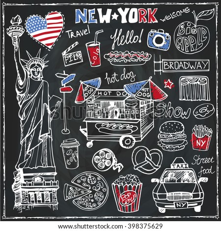 New York .Doodle fast food  set.American symbols in hand drawn sketch.Vector icons,sign,lettering.Vintage Illustration,background.Statue Of Liberty,taxi,food stand isolated object,Chalkboard