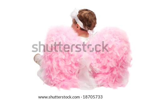 Baby angel girl with fluffy pink wings, shot from back, isolated