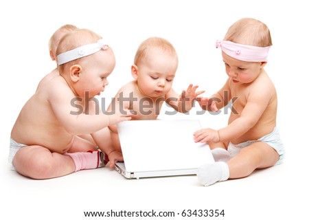 Four Babies In Diapers With White Laptop, Isolated Stock Photo 63433354 ...