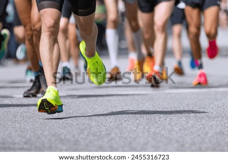 Similar – Image, Stock Photo Athlete runner feet running on treadmill closeup on shoe. Workout and diet concept.