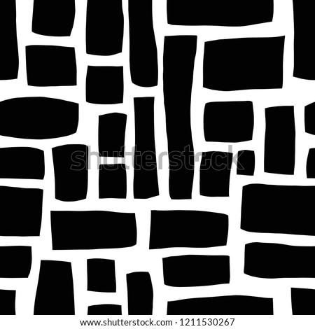 Rectangle shapes monochrome hand drawn abstract seamless vector pattern. White blocks on black background. Hand drawn background for fabric, web banner, page fills, digital paper, wallpaper, packaging