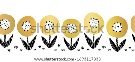 Seamless gold foil flowers vector border. Cute metallic golden florals repeating pattern. Botanical minimalistic doodle flowers shiny golden black on white in a horizontal row. 