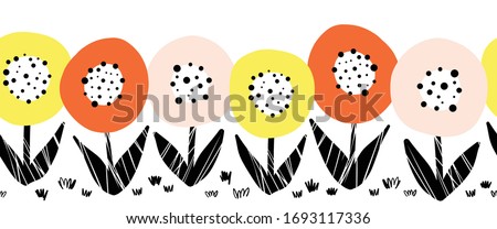 Seamless flower vector border. Cute florals Scandinavian flat style repeating pattern. Botanical minimalistic doodle flowers pink orange yellow black on white in a horizontal row. For card decor