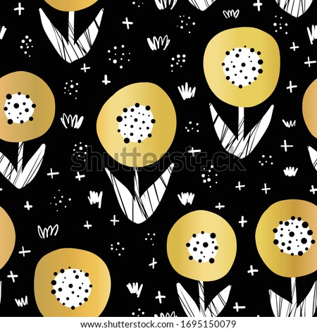 Seamless gold foil flowers vector pattern. Metallic shiny golden florals on black repeating pattern. Botanical minimalistic doodle flowers. Elegant background.