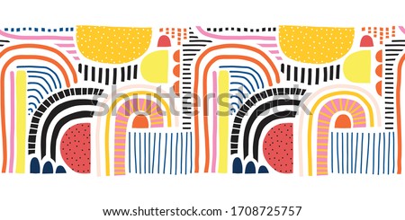 Seamless vector border abstract doodle shapes collage. Cute geometric shapes and doodles repeating pattern blue red yellow black pink orange on white. Modern line art for kids decor, fabric trim, card