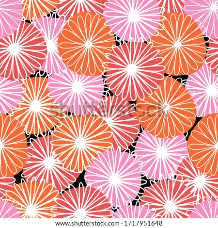 Seamless abstract flowers vector pattern. Bold florals red orange pink white Scandinavian flat style repeating background. Botanical minimalistic doodle flowers line art style. For fabric, home decor