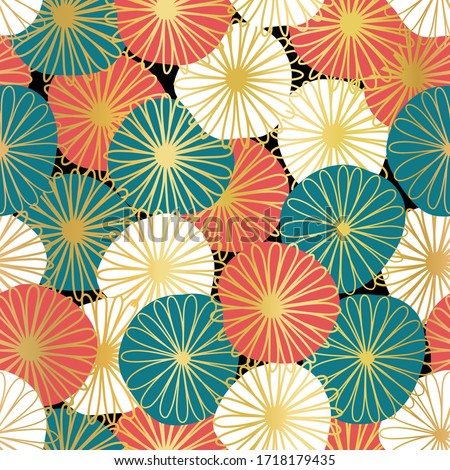 Gold foil flowers seamless abstract vector pattern. Bold florals metallic golden red blue white Scandinavian flat style repeating background. Botanical minimalistic doodle flowers line art style.