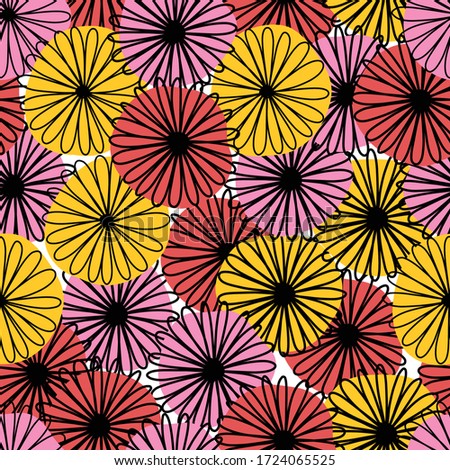 Repeating abstract flower vector pattern. Bold florals red yellow pink with black lines repeating background. Botanical minimalistic doodle flowers line art style. For fabric, home decor