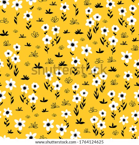 Seamless flower vector pattern white gold yellow black. Bold florals Scandinavian flat style repeating background. Botanical minimalistic doodle flowers. For fabric, home decor, summer 
