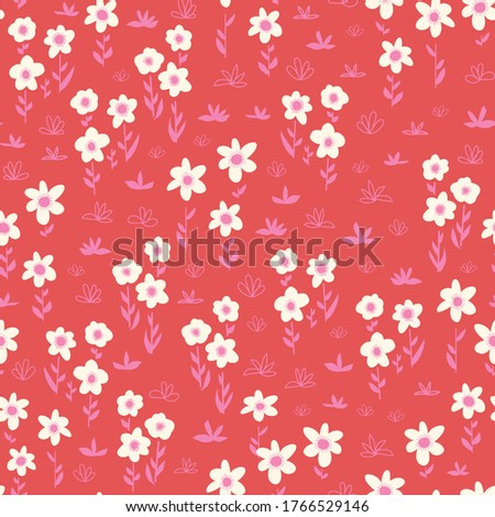 White flowers seamless vector pattern on a red background. Bold florals Scandinavian flat style repeating backdrop. Botanical minimalistic doodle flowers white pink red for fabric, home decor, summer 