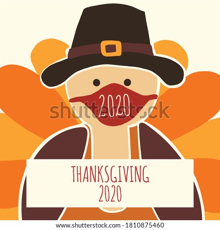 Greeting card template Thanksgiving 2020. Fully editable vector illustration. Turkey wearing a face mask. Stay home, social distancing design. Flyer, poster, greeting card, social media post
