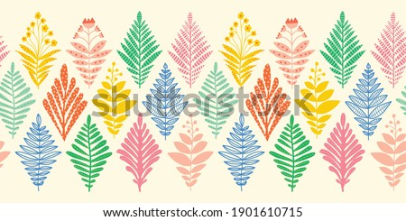 Floral seamless vector border. Repeating pattern abstract plants leaves flowers in geometric rhombus ikat shapes. Decorative modern decor for fabric trim, wallpaper decals, footer, cards, banners.