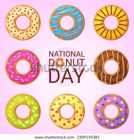 National Donut Day banner. 2 june. Stock vector illustion in flat cartoon style.