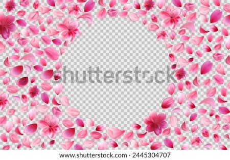 Sakura petals png lying on transparent background. Round flower frame.