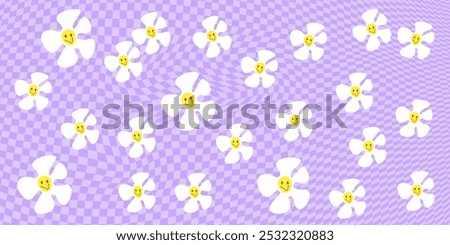 Cute purple horizontal checkered background with daisy all over the backdrop. Stock vector illustration in cartoon style.