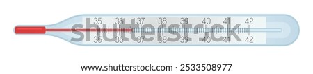 Glass mercury Thermometers with temperature measurent on celcius scale, 36.6 degrees. Cold diagnostic, covid symptoms, flu fewer concept.