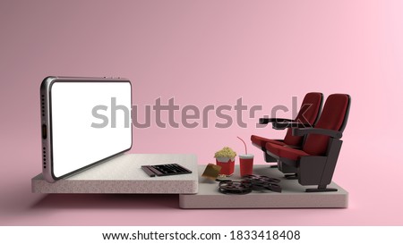 Movie from home. Smartphone white screen with objects in front of, Chair watching movies, popcorn, film rolls and movie tickets. Concepts, Isolated on pink background, illustration,3D rendering.