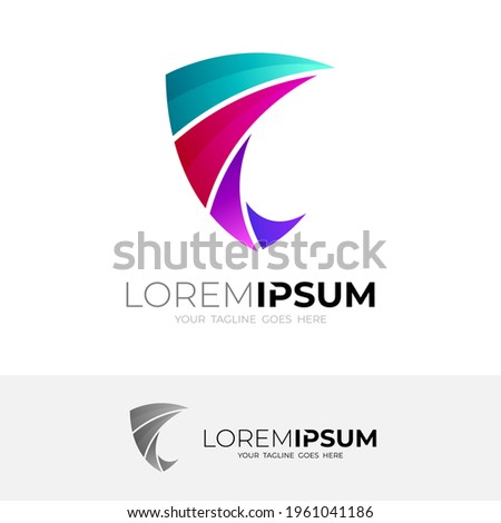 Shield logo and letter F icon colorful, 3d style logos