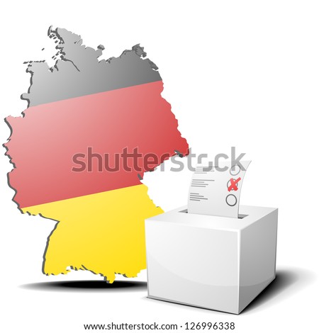 detailed illustration of ballot box in front of a 3D outline of Germany with flag, eps10