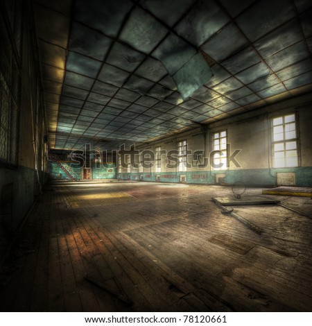 abandoned gym with cyrillic letters on the walls, hdr processing