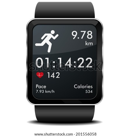 detailed illustration of a smartwarch with fitness app with heart rate monitor, distance and timer, eps10 vector