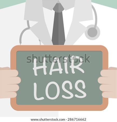 minimalistic illustration of a doctor holding a blackboard with Hair Loss text, eps10 vector